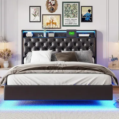 Produktbild von Polsterbett - Doppelbett - 140 x 200 cm - USB-Ladefunktion - LED-Beleuchtung - Kopfteil mit Stauraum - Metallrahmen - Lederoptik