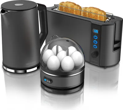 Produktbild von Arendo - Wasserkocher mit Toaster und Eierkocher SET Edelstahl Grau Wasserkocher 1,5L 40° - 100°C, Toaster 2 Scheiben LED-Display 6 Bräunungsgrade Eierkocher 1-7 Eier Messbecher BPA frei