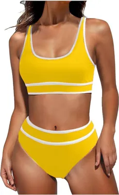 Produktbild von Frauen High Waist Bikini-Sets Sportliche Zweiteilige Badeanzüge Farbblock Freche Hochgeschnittene Bademode