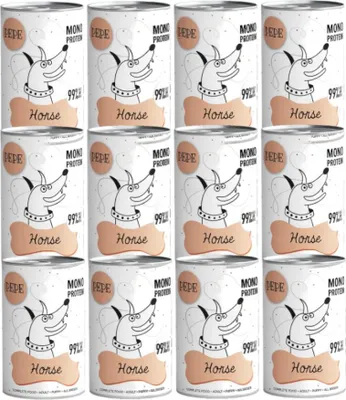 A collage of twelve cans of dog food, each featuring a cartoon dog illustration and the text 'Pepe Horse 99% Protein'.