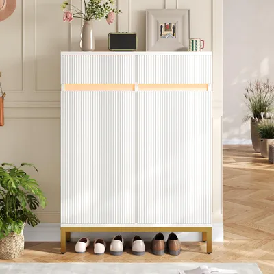 Productafbeelding van Merax schoenenkast met LED-verlichting en geribbelde voorkant, schoenenrek met 2 lades en 2 deuren, verstelbare legplanken, gouden poten, wit