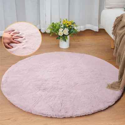 Produktbild von Runder Kunstfellteppich Waschbar Rosa 90 cm Flauschig Weich Kinderzimmer Wohnzimmer Deko