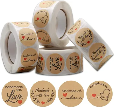 Produktbild von 2000 Stück Handmade with Love Aufkleber Etiketten Rund Backen Aufkleber Selbstklebend Handgemachte Selbstklebende Aufkleber Etiketten für Selbstgemachte Geschenke 4 Rollen 500 Etiketten pro Rolle
