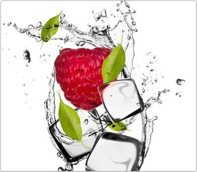 Produktbild von Spritzschutz Herdabdeckplatte Schneidebrett aus Glas Himbeere mit Eiswürfeln 1-Teilig (60x52cm)