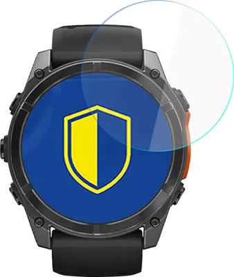 A smartwatch with a screen protector partially covering it.