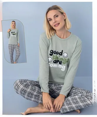 Produktbild von Damen Pyjama Schlafanzug Hellgrün XXL Lang Warm 2-Teiler Set C-62