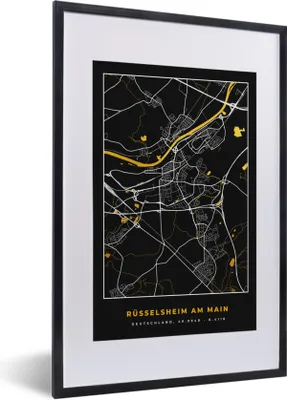 Produktbild von MuchoWow® Gerahmtes Poster Schwarz und Gold - Stadtplan - Rüsselsheim am Main - Deutschland - Karte 40x60 cm - Poster mit Schwarzem Bilderrahmen Wandposter Rahmen Foto Bilder - Poster in Rahmen
