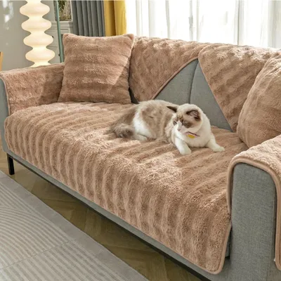 Produktbild von 1 Stück Samt Sofaschoner 90*210cm Sofabezug Sofa Überzug Winter Warmes Anti-Rutsch 1 2 3 Sitzer Sofaschutz Sofaschoner Rutschfest Couch Überzug, Khaki