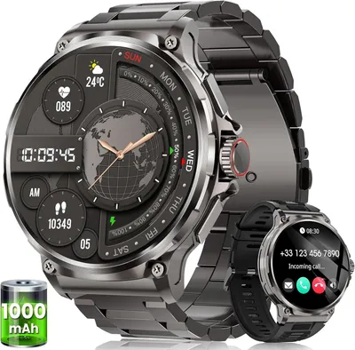 Smartwatch Herren Militär 1,92" HD Display, 1000mAh Akku, 120+ Sportmodi, 5ATM Wasserdicht, Herzfrequenz, Schlafmonitor, Telefonfunktion, Fitnessuhr