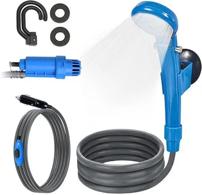 Produktbild von Tragbare Campingdusche mit Pumpe, 12 V – Akkubetriebene Campingdusche für Camping, Wandern, Garten, Strand, Reisen und Haustiere – Praktische Autendusche