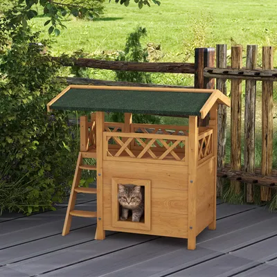 Produktbild von Sweiko Katzenhaus Katzenhütte Haustierhütte, Asphaltdach, 2 Ebenen, 1 Leiter, Natur + Grün
