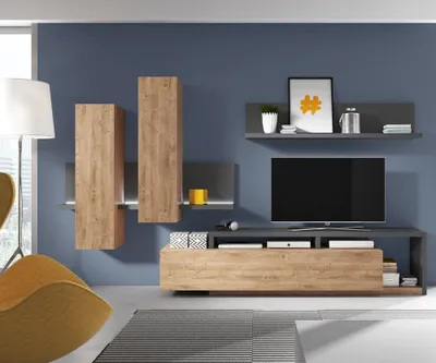 Produktbild von Wohnwand Eiche Ribbeck Nb. inkl. LED Beleuchtung BEXLEY-83 mit Absetzungen in anthrazit, B/H/T: ca. 300/200/45 cm