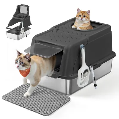 Produktbild von Feandrea Katzenklo Edelstahl, XL, Katzentoilette mit Deckel, mit Schaufel, Bürste und 2 Eingängen, für Katzen bis 15 kg, tintenschwarz