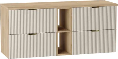 A front view of a wall-mounted vanity cabinet with fluted doors and gold handles.