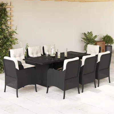 Produktbild von Design 9-tlg. Garten-Essgruppe mit Kissen Schwarz Poly Rattan, Gartenmöbel-Sets 2024 Neu
