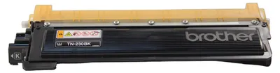 A black Brother TN-230BK toner cartridge with a yellow top.