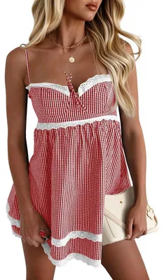 Produktbild von Imily Bela Sommerliches Minikleid für Damen mit Trägern, herzförmigem Ausschnitt, kariertem Spitzenbesatz im Y2K-Stil, mehrlagigem Strandkleid