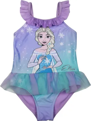 Produktbild von Disney Die Eiskönigin Badeanzug mit Rüschen für Mädchen - Elsa Frozen Kinder Schwimmanzug Lila 122-128