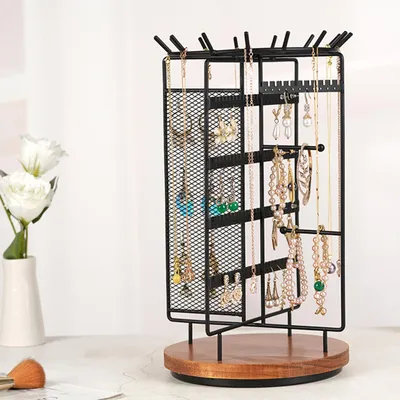 Produktbild von Schmuckständer, Schmuckhalter drehbar, 4 getrennte Bereiche, Metallrahmen, Schmuckaufbewahrung für Halsketten, Armbänder, Ohrringe, Ohrstecker, Ringe