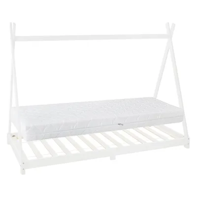 Produktbild von ML-Design Kinderbett Tipi 90x200 cm mit Matratze & Lattenrost, Weiß, Indianer Bett aus Kiefernholz Bodenbett Holzbett