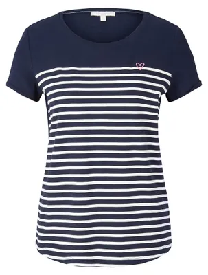 Produktbild von TOM TAILOR Denim Damen Streifen T-Shirt mit Herz-Stickerei auf der Brust 22701 -