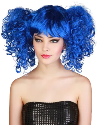 A woman wearing a black sequined strapless top and a bright blue curly wig with pigtails.