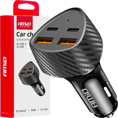 Obrázek produktu pro Nabíječka do auta 50 W s 2x USB-A a 2x USB-C pro rychlé nabíjení - AMIO-04284