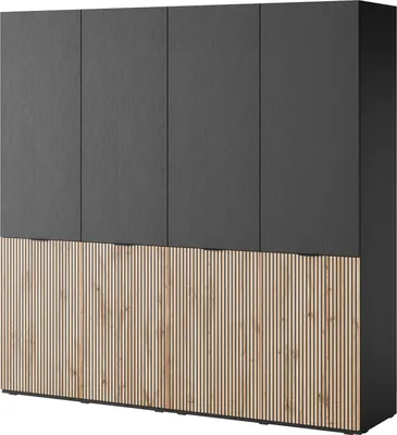 Produktbild von Drehtürenschrank mit Schubladen Falttürenschrank 4-türig Schrank mit Einlegeböden und Kleiderstange, Schlafzimmer  - Schrank Minewra 200 - Schwarz + Sento