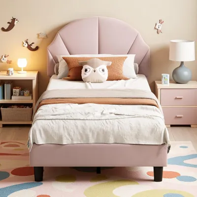Produktbild von INONEFT Kinderbett 90x200 cm, Prinzessin-Polsterbett mit Höhenverstellbares Kopfteil, Mädchen-Einzelbetten Bettgestell, Samt, ohne Matratze, Rosa