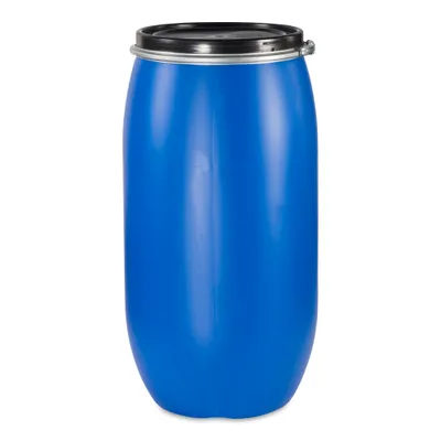 A blue plastic barrel with a black lid is shown against a white background.