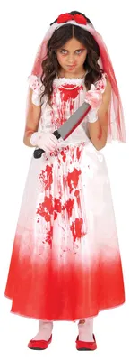 Produktbild von Blutige Braut Kinderkostüm – Geisterbraut Kleid mit Schleier | 2-teilig | Mädchen | Halloween Fasching Karneval Mottoparty Größe: 5 - 6 Jahre