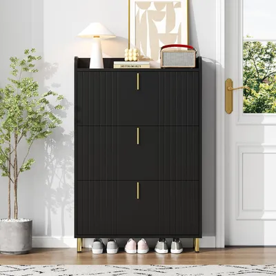 Immagine prodotto di Armadio per scarpe con 3 ante, dimensioni 80x23,5x123,5 cm, mobile contenitore per scarpe nero in MDF con ripiani interni regolabili, ideale per l'ingresso