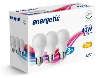 Obrázok produktu pre LED žiarovka, sada 3 kusov, E27, A60, 5,7W, 2700K, 470lm, sklenená biela