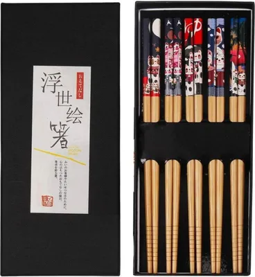 Produktbild von 5 Paar Japanische Essstäbchen aus Bambus - Spülmaschinenfest - Schwarz Handgemachte Box