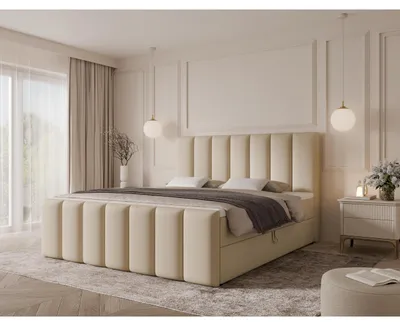 Produktbild von 180 cm Boxspringbett PORTO MAX mit gestepptem Kopfteil und Fußteil, Taschenfederkernmatratze H3/H4, 2 Bettkästen, Bouclé/Velvet, ohne Topper