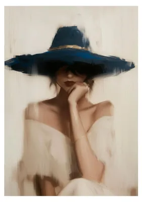 Image de STYLER, tableau sur toile, 70x100 cm, femme au chapeau bleu, motif élégant de femme, décoration murale, tableau pour le salon ou la chambre