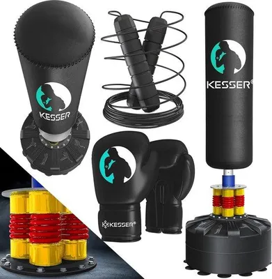 Produktbild von Famanu Boxsackset für Erwachsene mit Boxhandschuhen und Springseil - Freistehender Boxsack für MMA und Fitness