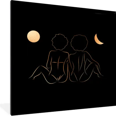 Produktbild von MuchoWow® Gerahmtes Poster Frauen - Mond - Gold - Strichzeichnung 40x40 cm - Poster mit Schwarzem Bilderrahmen Wandposter Rahmen Foto Bilder - Mit Rahmen - Wanddekoration Schlafzimmer