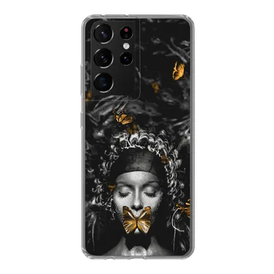 Produktbild von MuchoWow® Handyhülle Schutzhülle Hülle für Samsung Galaxy S21 Ultra Frau - Schmetterlinge - Schwarz - Weiß Silikon Softcase Handy Hülle - Mobiltelefon