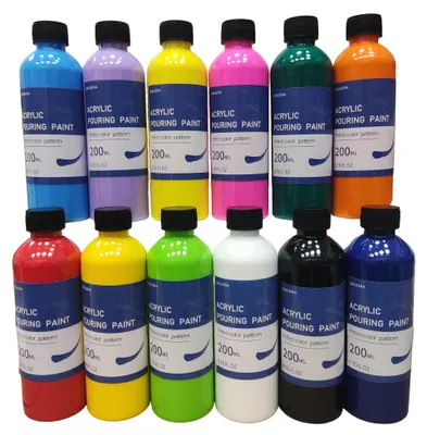 Acryl Gießfarbe Set, 12 x 200 ml, für Leinwand, Holz, Steine, Gips