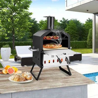 Produktbild von 2-lagigem Pizza Ofen mit Grillrost & Pizzastein & Pizzaschaufel & Wasserdichter Abdeckung