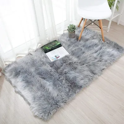 Produktbild von Flauschig Teppich, Weiche Bettvorleger Faux Schaffell Teppich Läufer für Wohnzimmer Kinderzimmer Schlafzimmer Sofa Matte Auto Bettvorleger (Grau)