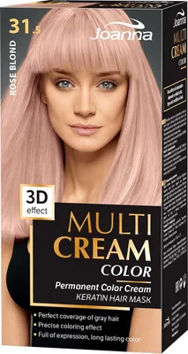 A box of Joanna Multi Cream Color hair dye, featuring a model with rose blonde hair.