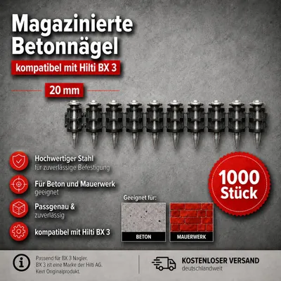 Produktbild von Betonnägel 20 mm – 1000 Stück kompatibel mit Hilti BX 3 – für Beton & Mauerwerk