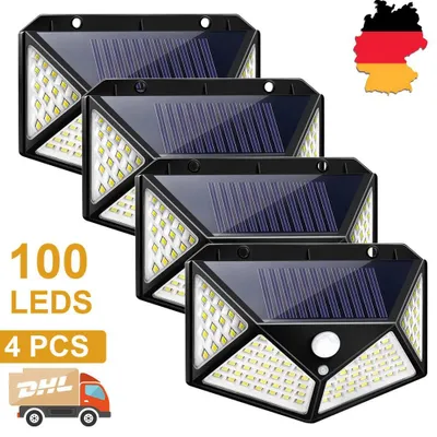 A group of four solar-powered LED lights with motion sensors, presented with marketing text and a DHL logo.