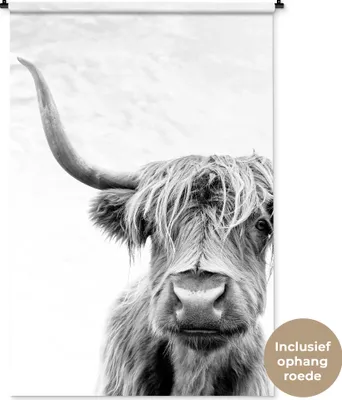 Produktbild von MuchoWow® Wandteppich Wandbehang Schottisches Hochlandrind - Tiere - Schwarz - Weiß 120x180 cm Tapisserie Dekoration Wandtuch - Schlafzimmer - Dekorationen für das Haus