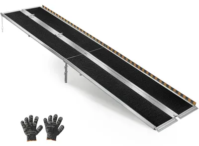 Produktbild von Rollstuhlrampe Faltbar - Auffahrrampe 304 x 74,5 cm - Bis 363 kg Belastbar - Rutschfeste Oberfläche - Verstellbare Stützfüße 17–40 cm - Tragbare Schwellenrampe für Tür & Bordstein