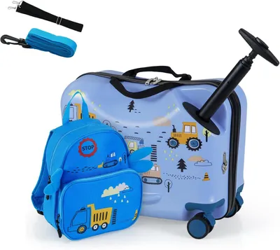 Produktbild von DREAMADE Kinderkoffer zum Draufsitzen, 2 TLG. Kinderkoffer mit Rucksack, Kindergepäck Trolley zum Reisen (18 Zoll +12 Zoll,Blau-Bagger)