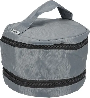 A gray fabric storage bag with a handle and two zippered compartments.