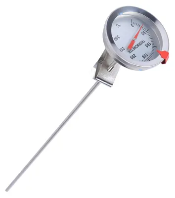 A stainless steel thermometer with a dial face.